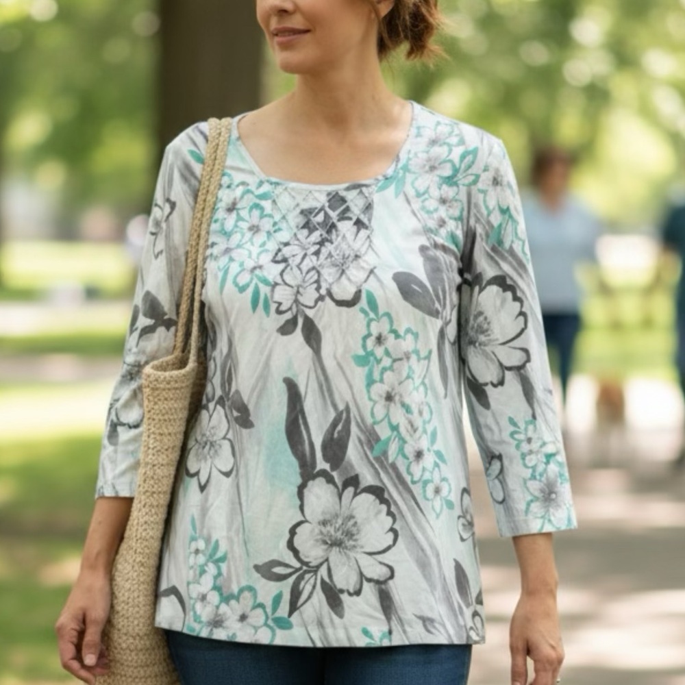 Alfred Dunner Women's Floral Tunic - Gray and Teal